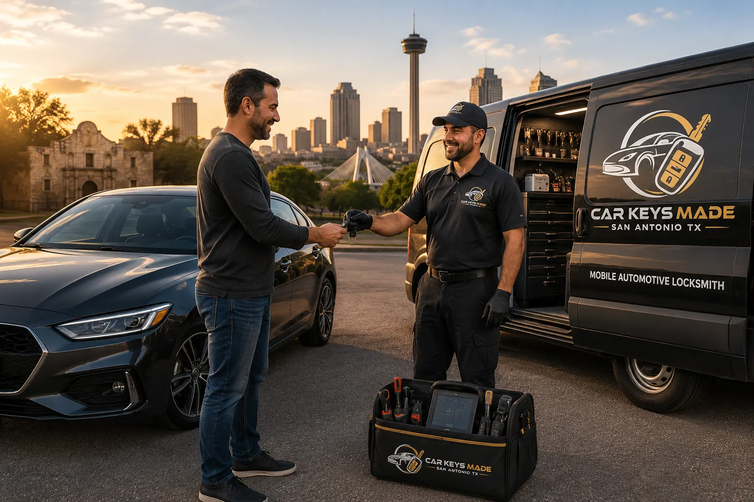 Technician providing professional car key replacement service